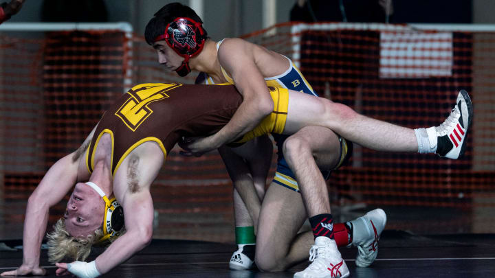 Henry Aslikyan of Birmingham controls Jake Marzi of Temecula Valley, at the Adrian Amaral Scholarship Invitational on Saturday, Jan. 6, 2024. Aslikyan is ranked No. 1 in the nation at 106.