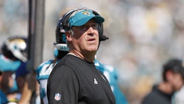 Oct 27, 2024; Jacksonville, Florida, USA; Jacksonville Jaguars head coach Doug Pederson watches a replay against the Green Bay Packers during the first quarter at EverBank Stadium. Mandatory Credit: Morgan Tencza-Imagn Images