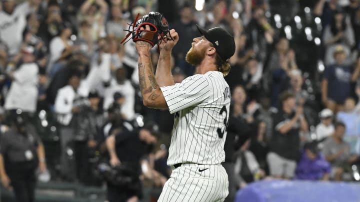 Jun 27, 2024; Chicago, Illinois, USA;  Chicago White Sox pitcher Michael Kopech (34) reacts after a game against the Colorado Rockies at Guaranteed Rate Field. Mandatory Credit: Matt Marton-USA TODAY Sports
