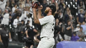 Jun 27, 2024; Chicago, Illinois, USA;  Chicago White Sox pitcher Michael Kopech (34) reacts after a game against the Colorado Rockies at Guaranteed Rate Field. Mandatory Credit: Matt Marton-USA TODAY Sports