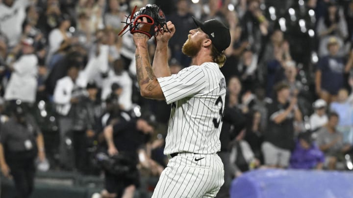 Jun 27, 2024; Chicago, Illinois, USA;  Chicago White Sox pitcher Michael Kopech (34) reacts after a game against the Colorado Rockies at Guaranteed Rate Field. Mandatory Credit: Matt Marton-USA TODAY Sports