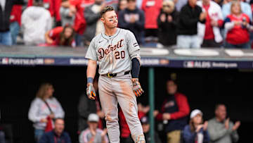 Detroit Tigers first baseman Spencer Torkelson (20) reacts after struck out against Cleveland Guardians during the seventh inning at Game 5 of ALDS at Progressive Field in Cleveland, Ohio on Saturday, Oct. 12, 2024.