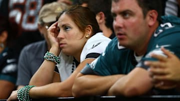  A Philadelphia Eagles fan reacts in the grandstands during the fourth quarter against the Arizona Cardinals at University of Phoenix Stadium.