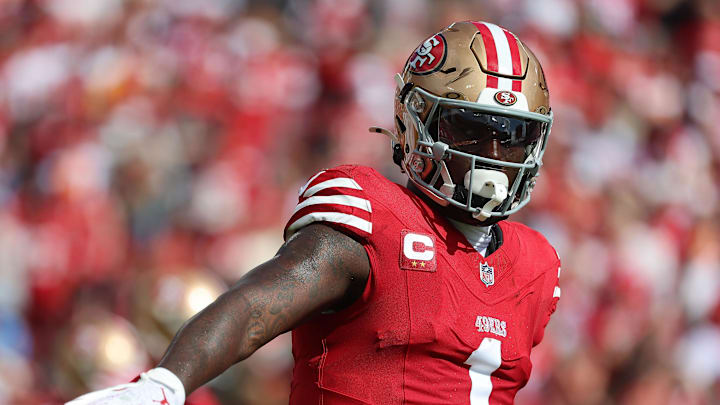 San Francisco 49ers receiver Deebo Samuel reacts to a play. San Francisco 49ers receiver Deebo Samuel reacts to a play.
