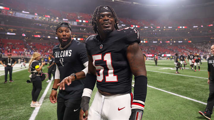 11Oct 13, 2025; Atlanta, Georgia, USA; Atlanta Falcons linebacker Deangelo Malone (51) leaves the field following a game against the Buffalo Bills at Mercedes-Benz Stadium. Mandatory Credit: Brett Davis-Imagn Images