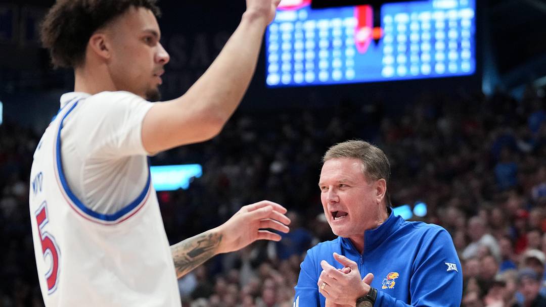Feb 22, 2025; Lawrence, Kansas, USA; Kansas Jayhawks head coach Bill Self celebrates after a play against the Oklahoma State Cowboys during the first half at Allen Fieldhouse. Mandatory Credit: Denny Medley-Imagn Images