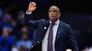 Dec 2, 2025; Lexington, Kentucky, USA; North Carolina Tar Heels head coach Hubert Davis watches the action across the court during the second half against the Kentucky Wildcats at Rupp Arena at Central Bank Center. Mandatory Credit: Jordan Prather-Imagn Images