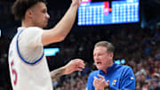 Feb 22, 2025; Lawrence, Kansas, USA; Kansas Jayhawks head coach Bill Self celebrates after a play against the Oklahoma State Cowboys during the first half at Allen Fieldhouse.