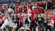 Somers' Bret Kennedy (19) takes an interception down to the 2-yard line against Whitesboro during the Class A NYSPHSAA football championship at the JMA Wireless Dome in Syracuse, New York Dec. 6, 2024.