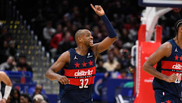 Mar 5, 2025; Washington, District of Columbia, USA; Washington Wizards forward Khris Middleton (32) reacts during the fourth quarter against the Utah Jazz at Capital One Arena. Mandatory Credit: Reggie Hildred-Imagn Images
