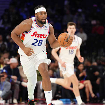 Apr 3, 2025; Philadelphia, Pennsylvania, USA; Philadelphia 76ers forward Guerschon Yabusele (28) controls the ball against the Milwaukee Bucks in the fourth quarter at Wells Fargo Center. Mandatory Credit: Kyle Ross-Imagn Images
