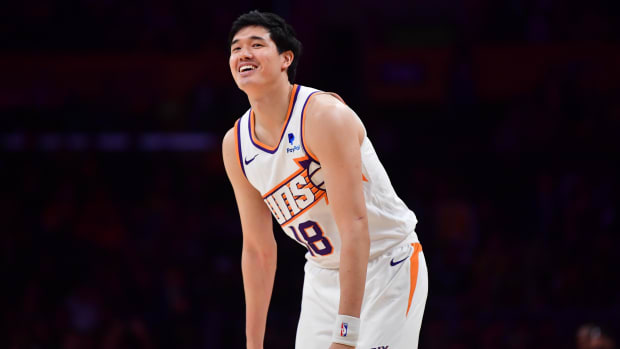 January 11, 2024;  Los Angeles, California, USA;  Phoenix Suns forward Yuta Watanabe (18) reacts in the second half at Crypto.com Arena.  Mandatory Credit: Gary A. Vasquez – USA TODAY Sports