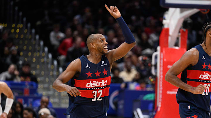 Mar 5, 2025; Washington, District of Columbia, USA; Washington Wizards forward Khris Middleton (32) reacts during the fourth quarter against the Utah Jazz at Capital One Arena. Mandatory Credit: Reggie Hildred-Imagn Images