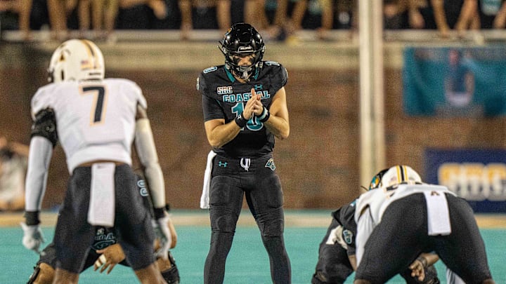 Nov 3, 2022; Conway, South Carolina, USA; Coastal Carolina Chanticleers quarterback Grayson McCall