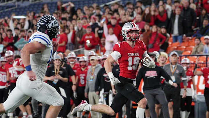 Somers' Bret Kennedy (19) takes an interception down to the 2-yard line against Whitesboro during the Class A NYSPHSAA football championship at the JMA Wireless Dome in Syracuse, New York Dec. 6, 2024. Somers' Bret Kennedy (19) takes an interception down to the 2-yard line against Whitesboro during the Class A NYSPHSAA football championship at the JMA Wireless Dome in Syracuse, New York Dec. 6, 2024.