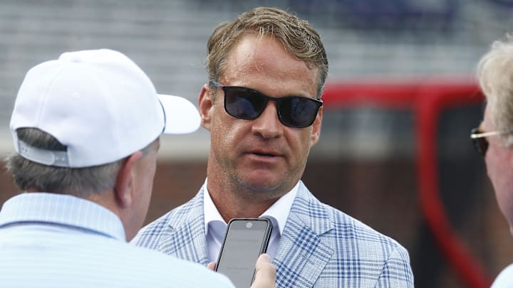 Sep 21, 2024: Ole Miss Rebels head coach Lane Kiffin being interviewed prior to the game against the Georgia Southern Eagles. Sep 21, 2024: Ole Miss Rebels head coach Lane Kiffin being interviewed prior to the game against the Georgia Southern Eagles.
