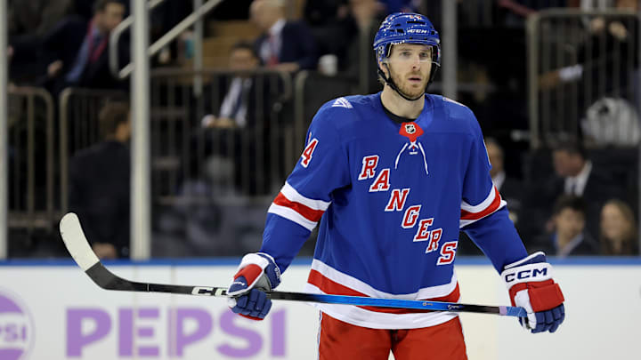 Jan 5, 2026; New York, New York, USA; New York Rangers right wing Taylor Raddysh (14) skates against the Utah Mammoth during the third period at Madison Square Garden. Mandatory Credit: Brad Penner-Imagn Images