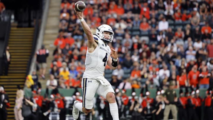 Sep 17, 2022; Portland, Oregon, USA; Montana State Bobcats quarterback Tommy Mellott (4) throws the ball  during the first half against the Oregon State Beavers at Providence Park. Mandatory Credit: Soobum Im-USA TODAY Sports