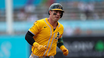 Jul 2, 2025; Tampa, Florida, USA; Athletics right fielder Brent Rooker (25) runs the bases after hitting a home run against the Tampa Bay Rays in the first inning at George M. Steinbrenner Field. Mandatory Credit: Nathan Ray Seebeck-Imagn Images