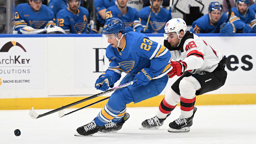 Feb 28, 2026; St. Louis, Missouri, USA; New Jersey Devils right wing Timo Meier (28) and St. Louis Blues defenseman Logan Mailloux (23) battle for the puck in the third period at Enterprise Center. Mandatory Credit: Joe Puetz-Imagn Images Feb 28, 2026; St. Louis, Missouri, USA; New Jersey Devils right wing Timo Meier (28) and St. Louis Blues defenseman Logan Mailloux (23) battle for the puck in the third period at Enterprise Center. Mandatory Credit: Joe Puetz-Imagn Images