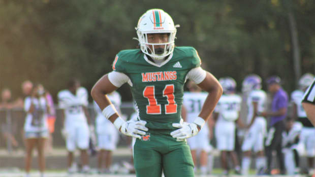 Four-star safety Drake Stubbs waits for a play during the first half of Mandarin's victory against Fletcher.