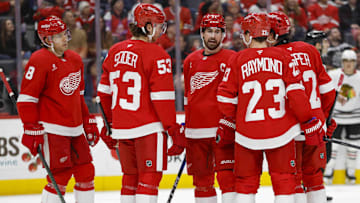 Jan 10, 2025; Detroit, Michigan, USA; The Detroit Red Wings huddle during the third period at Little Caesars Arena. Mandatory Credit: Brian Bradshaw Sevald-Imagn Images