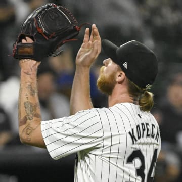 May 14, 2024; Chicago, Illinois, USA; Chicago White Sox pitcher Michael Kopech (34) after the game against the Washington Nationals  at Guaranteed Rate Field.