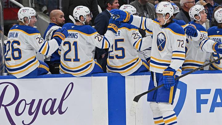 Oct 25, 2025; Toronto, Ontario, CAN; Buffalo Sabres center Tage Thompson (72) shakes hands with his teammates on the bench after a Sabres goal against the Toronto Maple Leafs in the first period  at Scotiabank Arena. Mandatory Credit: Gerry Angus-Imagn Images