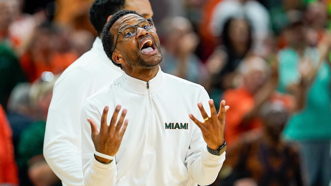 Mar 7, 2026; Coral Gables, Florida, USA; Miami Hurricanes head coach Jai Lucas reacts in a game against the Louisville Cardinals during the second half at Watsco Center. Mandatory Credit: Jeff Romance-Imagn Images Mar 7, 2026; Coral Gables, Florida, USA; Miami Hurricanes head coach Jai Lucas reacts in a game against the Louisville Cardinals during the second half at Watsco Center. Mandatory Credit: Jeff Romance-Imagn Images