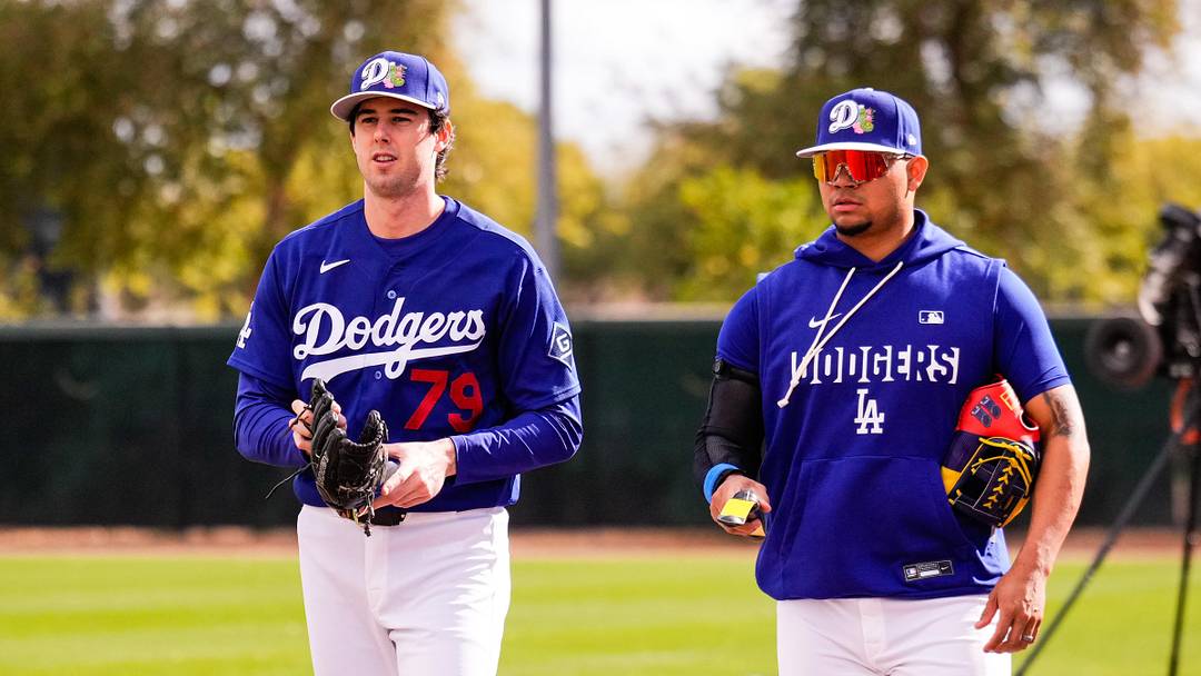Dodgers pitcher Nick Frasso (79) walks with pitcher Brusdar Graterol (48) during Los Angeles Dodger workouts at Camelback Ranch in Glendale, Arizona Feb 18, 2026.
