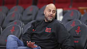 Houston Rockets general manager Rafael Stone talks before the game against the Denver Nuggets.