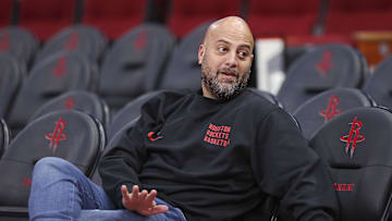 Nov 24, 2023; Houston, Texas, USA; Houston Rockets general manager Rafael Stone talks before the game against the Denver Nuggets at Toyota Center. Mandatory Credit: Troy Taormina-Imagn Images