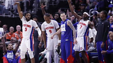 May 1, 2025; Detroit, Michigan, USA; Detroit Pistons guard Malik Beasley (5) celebrates a three point basket in the first half against the New York Knicks during game six of first round for the 2024 NBA Playoffs at Little Caesars Arena. Mandatory Credit: Rick Osentoski-Imagn Images