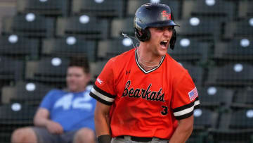 May 26, 2023; Mesa, AZ, USA; Sam Houston Bearkats' Walker Janek (3) celebrates his 3-run home run against the GCU Lobos during their WAC Tournament game at Hohokam Stadium.