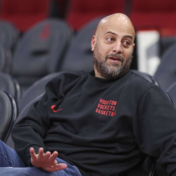 Nov 24, 2023; Houston, Texas, USA; Houston Rockets general manager Rafael Stone talks before the game against the Denver Nuggets at Toyota Center. Mandatory Credit: Troy Taormina-USA TODAY Sports