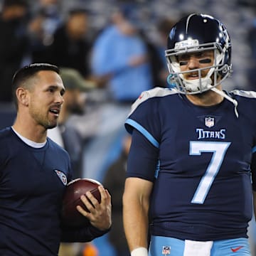 Matt LaFleur stands with Blaine Gabbert when LaFleur was Titans offensive coordinator in 2018. LaFleur is expected to start Malik Willis for the Packers against the Colts on Sunday.