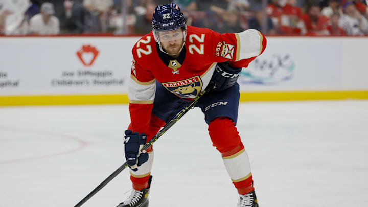 May 7, 2023; Sunrise, Florida, USA; Florida Panthers center Zac Dalpe (22) looks on against the Toronto Maple Leafs during the second period in game three of the second round of the 2023 Stanley Cup Playoffs at FLA Live Arena. 