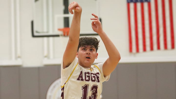 Bristol Aggie's Isaac Pacheco takes a free throw during an MIAA-MCSAO crossover game against Argosy Collegiate Charter on Dec. 13, 2024. Bristol Aggie's Isaac Pacheco takes a free throw during an MIAA-MCSAO crossover game against Argosy Collegiate Charter on Dec. 13, 2024.