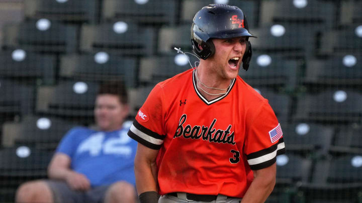 May 26, 2023; Mesa, AZ, USA; Sam Houston Bearkats' Walker Janek (3) celebrates his 3-run home run against the GCU Lobos during their WAC Tournament game at Hohokam Stadium.