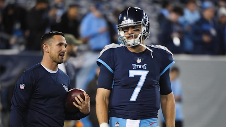 Matt LaFleur stands with Blaine Gabbert when LaFleur was Titans offensive coordinator in 2018. LaFleur is expected to start Malik Willis for the Packers against the Colts on Sunday.