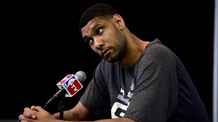 Jun 7, 2014; San Antonio, TX, USA; San Antonio Spurs forward Tim Duncan (21) talks to the media during practice before game 2 of the 2014 NBA Finals at Spurs Practice Facility. Mandatory Credit: Bob Donnan-USA TODAY Sports