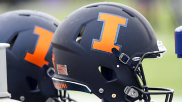 Nov 24, 2018; Evanston, IL, USA; A detailed view of a Illinois Fighting Illini helmet before a game against the Northwestern Wildcats at Ryan Field. Mandatory Credit: Mike DiNovo-USA TODAY Sports