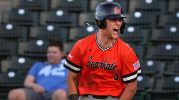 May 26, 2023; Mesa, AZ, USA; Sam Houston Bearkats' Walker Janek (3) celebrates his 3-run home run against the GCU Lobos during their WAC Tournament game at Hohokam Stadium.