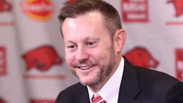 Dec 4, 2025; Fayetteville, AR, USA; Arkansas Razorbacks head coach Ryan Silverfield during his introductory press conference at Frank Broyles Center. Mandatory  Credit: Nelson Chenault-Imagn Images