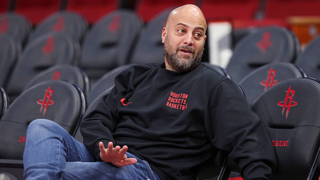 Nov 24, 2023; Houston, Texas, USA; Houston Rockets general manager Rafael Stone talks before the game against the Denver Nuggets at Toyota Center. Mandatory Credit: Troy Taormina-USA TODAY Sports