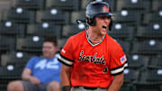 May 26, 2023; Mesa, AZ, USA; Sam Houston Bearkats' Walker Janek (3) celebrates his 3-run home run against the GCU Lobos during their WAC Tournament game at Hohokam Stadium.