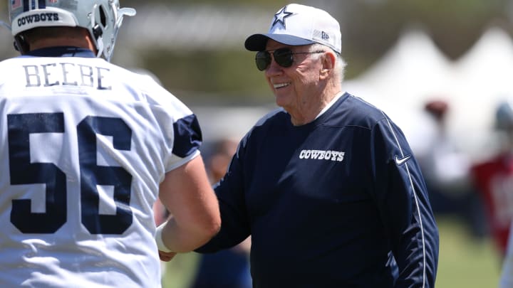 Jul 26, 2024; Oxnard, CA, USA; Dallas Cowboys owner Jerry Jones during training camp at the River Ridge Playing Fields in Oxnard, California.