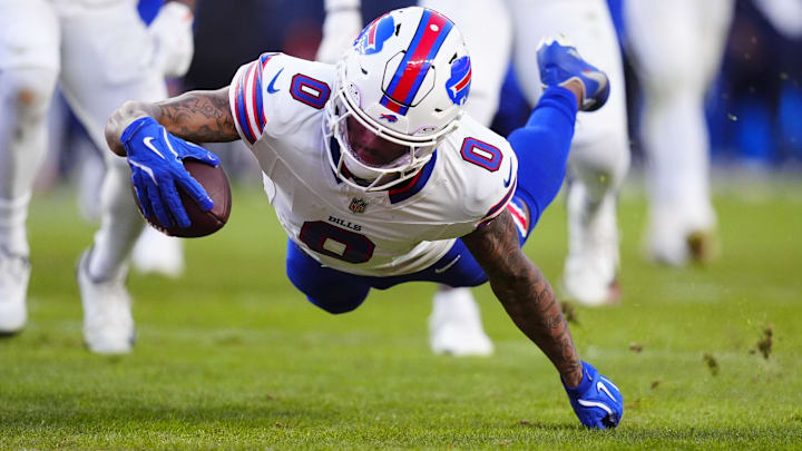 Jan 17, 2026; Denver, CO, USA; Buffalo Bills wide receiver Keon Coleman (0) scores a touchdown during the third quarter of an AFC Divisional Round playoff game against the Denver Broncos at Empower Field at Mile High.