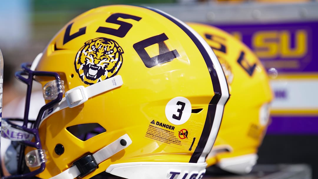 LSU Tigers helmet against the Missouri Tigers during the first half at Faurot Field at Memorial Stadium. 