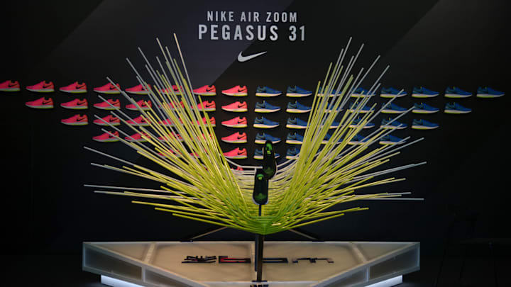 May 30, 2014; Eugene, OR, USA; General view of Nike Air Zoom Pegasus 31 shoe display in advance of the 40th Prefontaine Classic at Hayward Field. Mandatory Credit: Kirby Lee-Imagn Images
